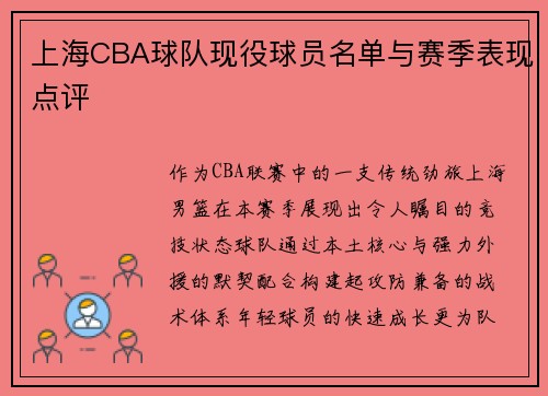 上海CBA球队现役球员名单与赛季表现点评